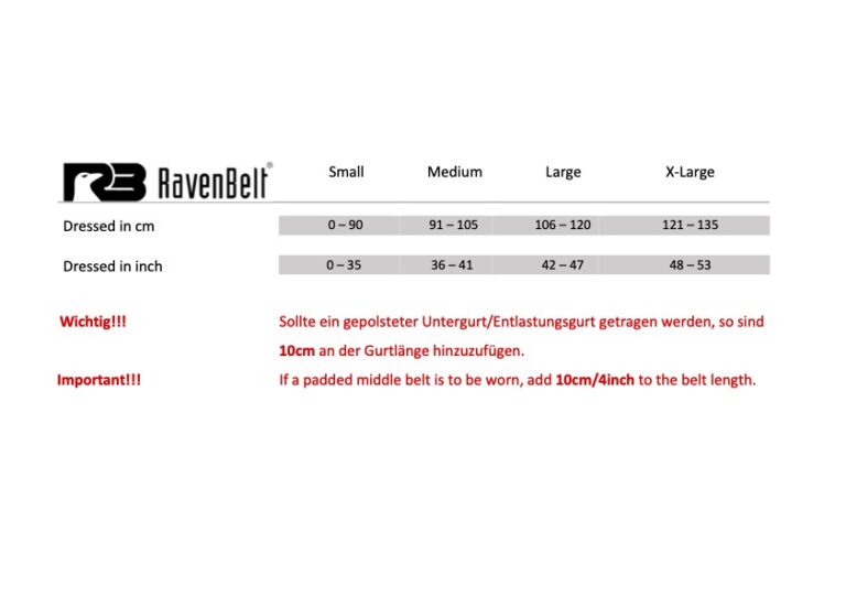 RavenBelt Tactical Belt Size Chart